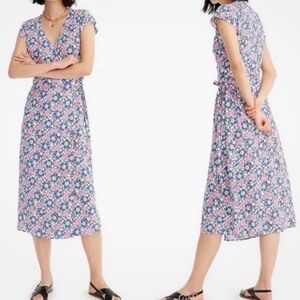 J Crew Wrap Midi Jersey Dress Women's Size XS Fabrizia Ditsy Floral Blue Pink